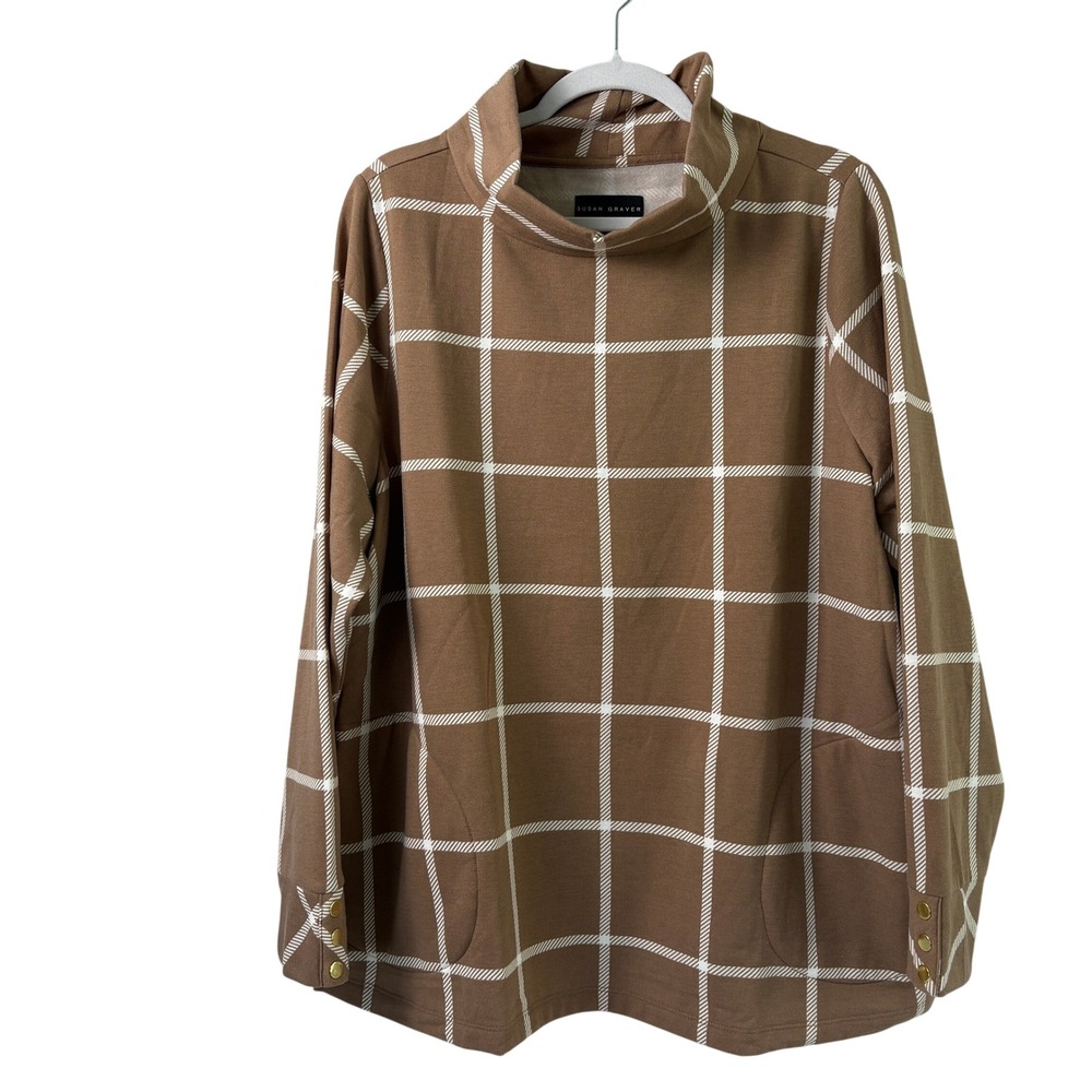 Susan Graver Plaid Top Women XL Brown Windowpane Funnel Neck Microfleece A703495